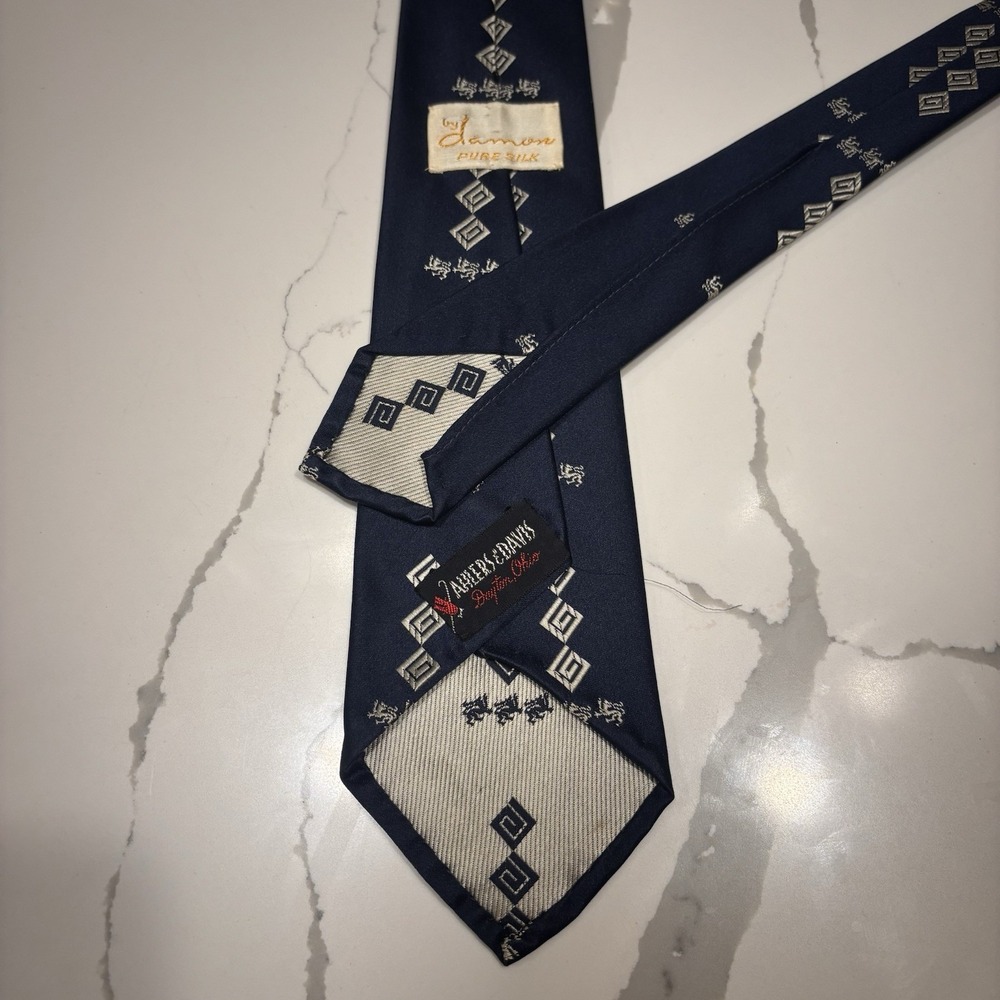 Vintage 70s Damon Pure Silk Tie Navy Blue Geometric Disco Ahlers & Davis Dayton